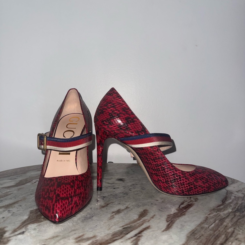 Gucci Red Snakeskin Mary Jane Stilettos with Web Strap